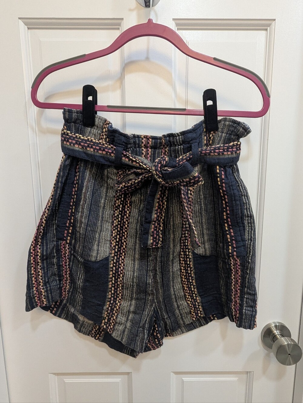 Anthropologie Navy Multicolor Striped Paperbag Shorts - Cotton - Size Medium